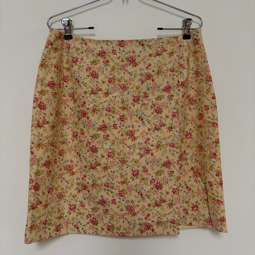 Charter Club Vintage Linen Cotton Floral Daintly Wrap Skirt Yellow